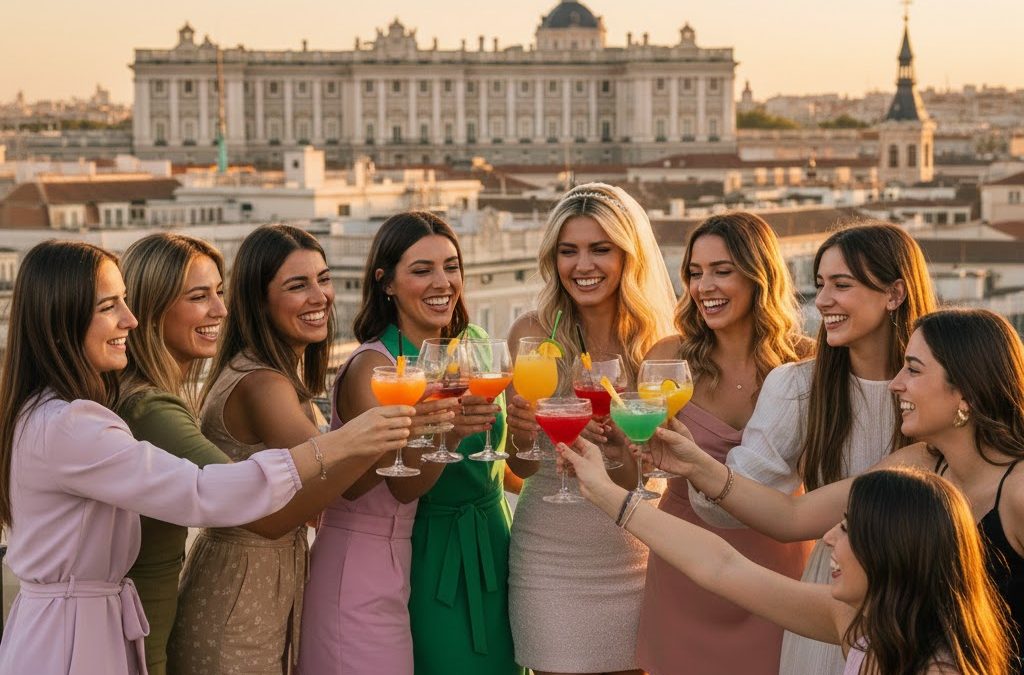 Grupo de amigas brindando con cócteles en una azotea durante una despedida de soltera en Madrid con vistas al Palacio Real.